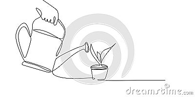 continuous line drawing watering plants Vector Illustration