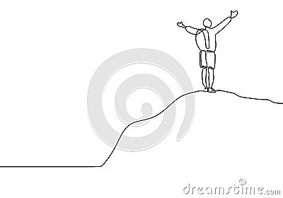 Continuous line drawing of winner man on mountain peak. Climber on mountain top silhouette. Victory symbol. Template for your Vector Illustration