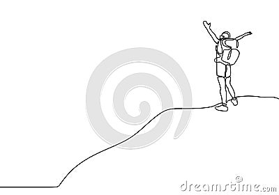 Continuous line drawing of winner man on mountain peak. Climber on mountain top silhouette. Victory symbol. Template for your Vector Illustration