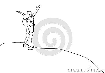 Continuous line drawing of winner man on mountain peak. Climber on mountain top silhouette. Victory symbol. Template for your Vector Illustration
