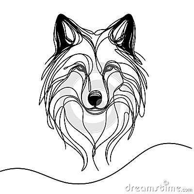 A continuous line drawing of a wolf's head, with a long, curved neck and a pair of large, round eyes. Stock Photo