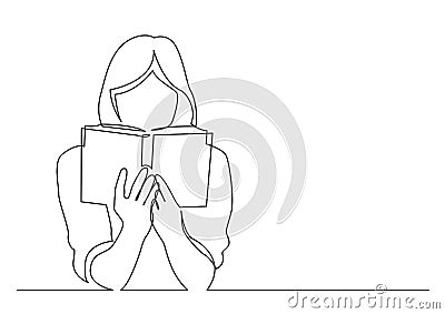 Continuous line drawing of woman focused on reading interesting book Vector Illustration
