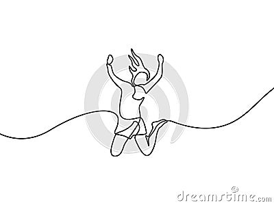 Continuous line drawing Woman jumps for happy. Vector illustration. Vector Illustration