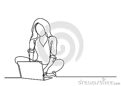 Continuous line drawing of woman with laptop Vector Illustration