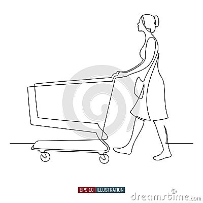 Continuous line drawing of Woman pushes a shopping cart. Girl in the supermarket. Shopping. Template for your design. Vector Vector Illustration