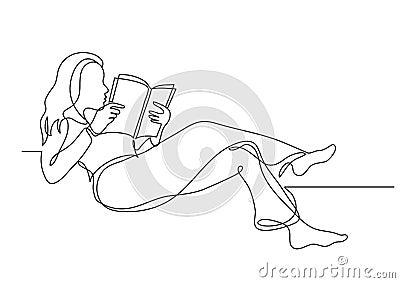 Continuous line drawing of woman relaxing reading book Vector Illustration