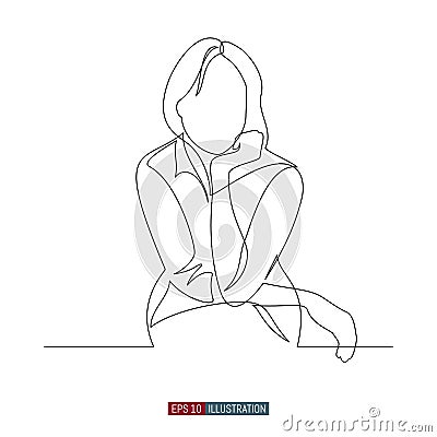 Continuous line drawing of The woman sits and supports her head with her hand. The girl is pensive. Template for your design works Vector Illustration