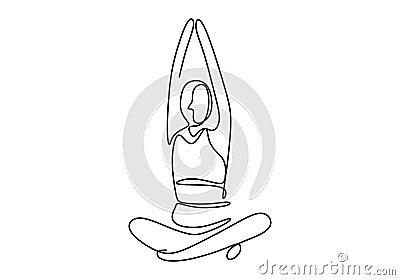 Continuous line drawing of woman sitting in yoga pose with arms above head. Yoga girl with lotus pose line drawing. Sport woman Vector Illustration