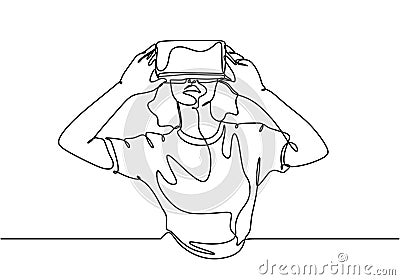 Continuous line drawing woman with virtual reality glasses device vector illustration. She enjoy look with her gadget Vector Illustration