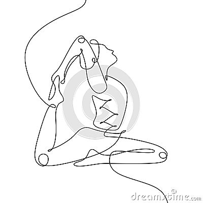 Continuous line drawing of women yoga, king pigeon pose concept. Woman doing yoga with hand holding her leg in black white color Vector Illustration