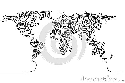 Continuous line drawing of a world map, single line Earth Vector Illustration