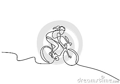 Continuous line drawing of young energetic sporty woman bicycle racer focus train her skill at cycling track. Athletic girl Vector Illustration