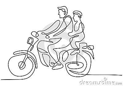 Continuous line drawing of young father riding a motorcycle with his little son isolated on white background. Father`s Day theme Vector Illustration