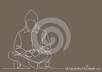 Continuous line drawing of young man sitting with mobile phone Vector Illustration