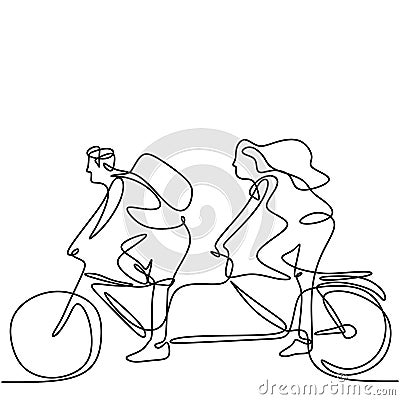 Continuous line drawing of young man and woman riding bicycles hand-drawn line art minimalism style on white background. Energetic Vector Illustration