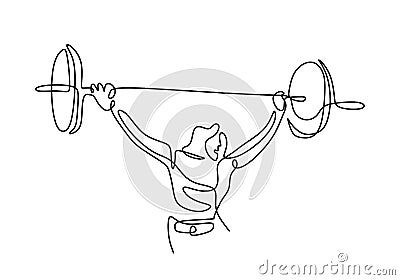 Continuous line drawing of young strong weightlifter woman preparing for barbell workout in gym isolated on white background. Stock Photo