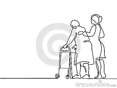 Young woman help old woman using a walking frame Vector Illustration