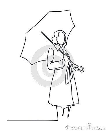 Continuous Line Drawing of young woman is standing under an umbrella in a fashionable autumn coat. Vector One Line Vector Illustration