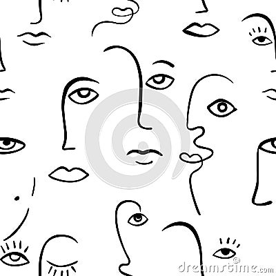 Continuous line face women seamless pattern - Modern abstract faces - Vector Endless pastel Background Fashion Portrait one line Stock Photo