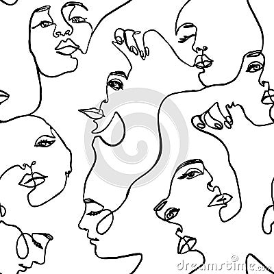 Continuous line face women seamless pattern - Vector Endless Background Fashion Female Portrait one line Vector Illustration