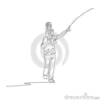 Continuous line father with son on his shoulders points finger up Vector Illustration