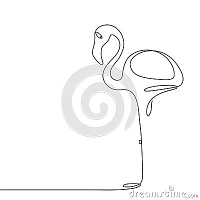 Continuous line flamingo staying on one leg. Abstract modern decoration, logo. Vector illustration. One line drawing of bird form. Vector Illustration