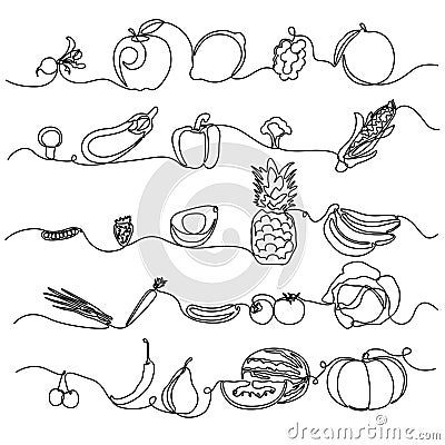 Continuous line Fruits and Vegetables. Design element for grocery store, vegetable shop. Vector illustration. Vector Illustration