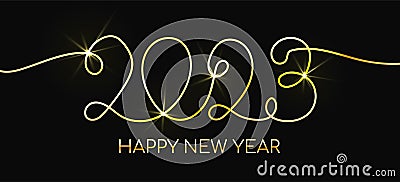 2023 continuous line greeting card. Vector New Year card with calligraphy gold shine lettering Vector Illustration