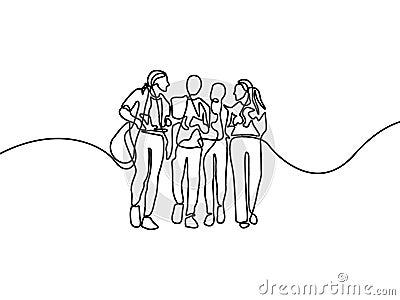 Continuous line group of talking students. First day of college. Vector illustration. Vector Illustration