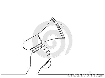 Continuous line of hand holding loudspeaker. Single line of a hand with megaphone. One line of hand hold megaphone isolated on Vector Illustration