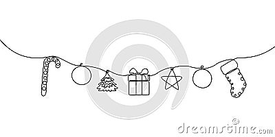 Continuous line hanging candy, ball, christmas tree, gift box, star and sock Vector Illustration