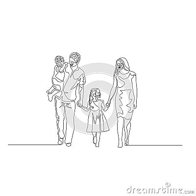 Continuous one line happy family walking holding the hands. Father holds son in his arms. Family concept Vector Illustration