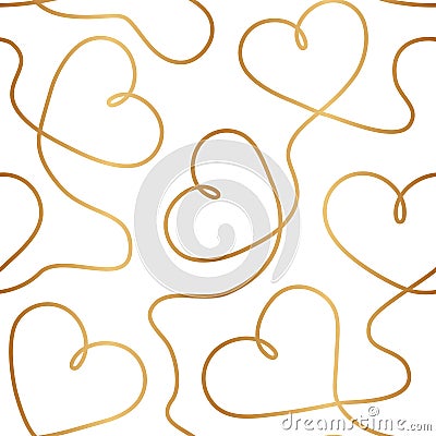 Continuous line hearts. Gold heart seamless pattern. Elegant outlined golden heart. Contemporary outline heart background for wedd Vector Illustration