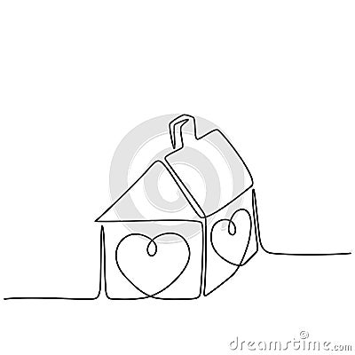 Continuous line drawing. House with heart. Love symbol. Vector Illustration