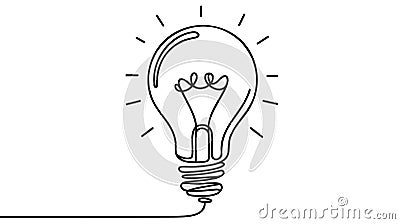 Continuous line idea icon. One light bulb silhouette. Electric lightbulb icon on white background. Vector Illustration