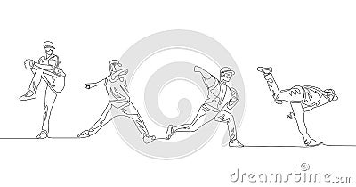 Continuous line illustration shows step by step the process of throwing a baseball Vector Illustration