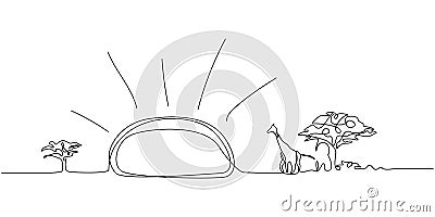 Continuous line landscape Africa. One line drawing Savannah in Africa. Vector illustration. Vector Illustration