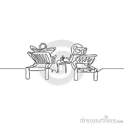 Continuous line Love couple relax on deckchair. Vector illustration. Vector Illustration