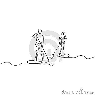 Continuous line man and woman doing paddle boarding Vector Illustration