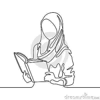 Continuous line muslim woman student reading a book. Vector illustration. Vector Illustration