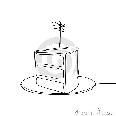 Continuous line piece of cake with candle. Birthday or holiday concept. Vector illustration. Vector Illustration