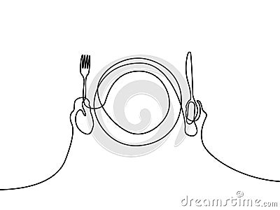 Continuous one line plate, khife and fork. First person view. Vector illustration. Vector Illustration