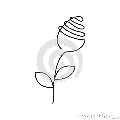 Continuous line rose with leaves. Abstract modern decoration, logo. Vector illustration. One line drawing of flower form Vector Illustration