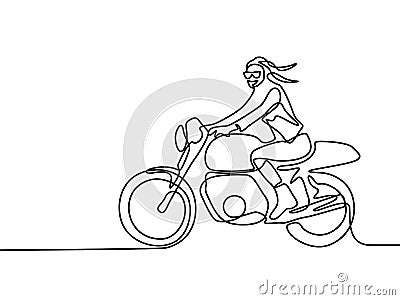 Continuous line smiling woman riding on motorbike. Vector illustration. Vector Illustration