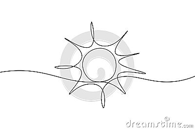 Continuous line sun art. Single line sketch sunny summer travel concept. Icon hot bright sky weather happy holiday Vector Illustration