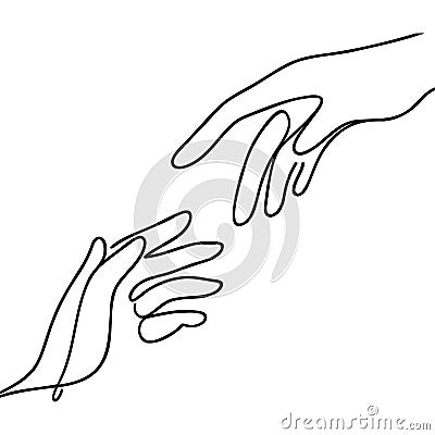 Continuous line vector illustration of two hands barely touching one another. Simple sketch of two hands made of one Vector Illustration