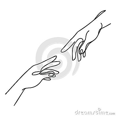 Continuous line vector illustration of two hands barely touching one another. Simple sketch of two hands made of one Vector Illustration