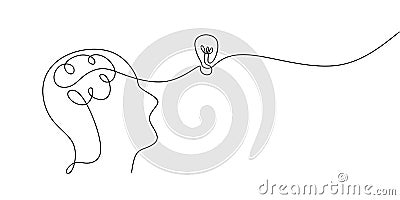 Continuous one drawn line of a man thinking with light bulb in front of his head. Allegory of solution and creative search. Vector Illustration