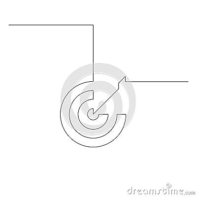 Continuous one line arrow in center of target. Goal achievement concept, accuracy. Stock illustration. Vector Illustration