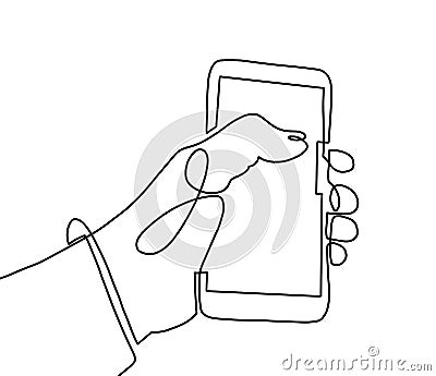 Continuous one line art drawing of hand using mobile phone Vector Illustration